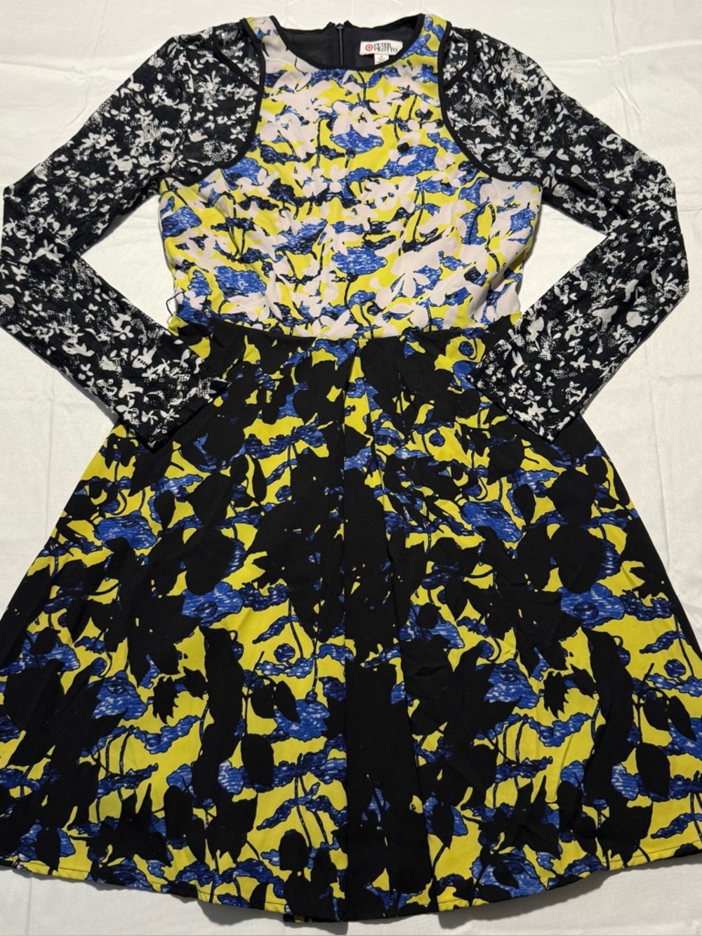 Peter Pilotto Target Dress Sz 6 Floral Print Lace Sleeve Fit & Flare Multicolor
